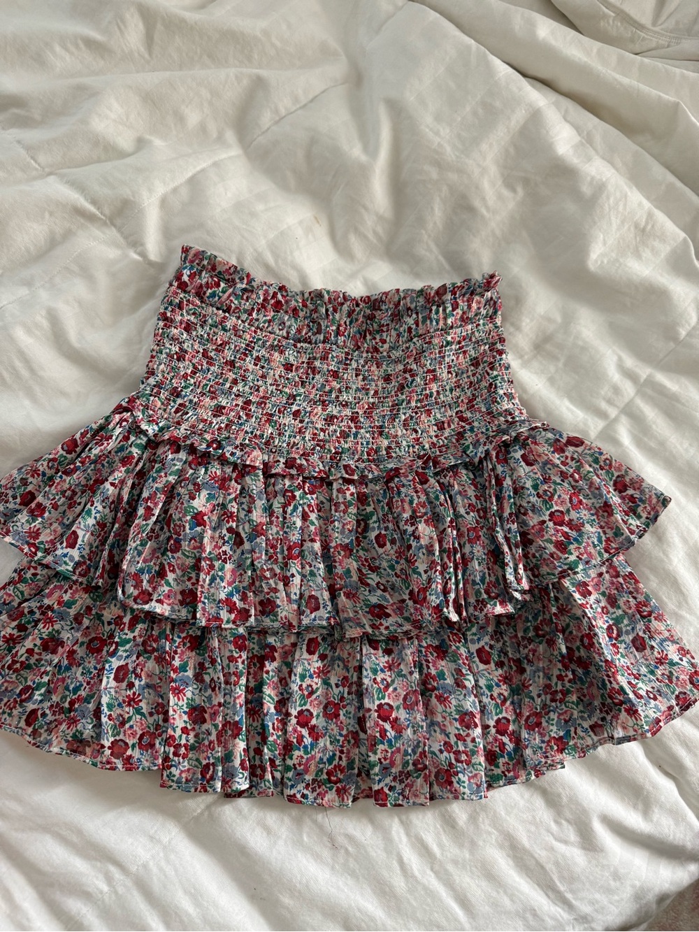 The Reset Pink & Green Floral Smocked Tiered Mini Skirt
